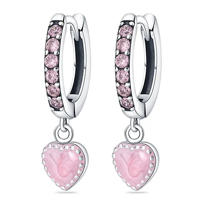 Pendientes de aro de Plata de Ley 925 originales, pendientes en forma de corazón rosa con circonita de colores para mujer, regalos de joyería fina para cumpleaños 1