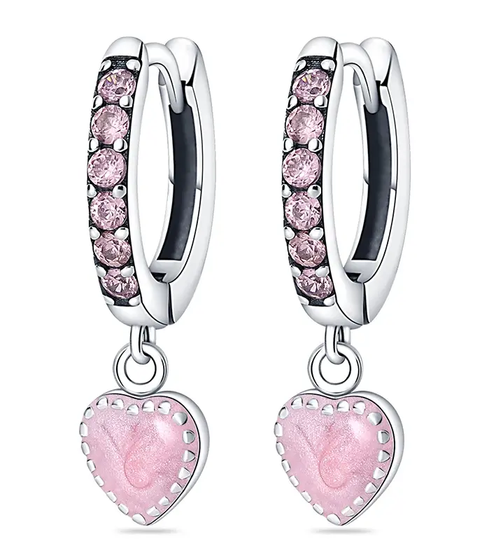 Pendientes de aro de Plata de Ley 925 originales, pendientes en forma de corazón rosa con circonita de colores para mujer, regalos de joyería fina para cumpleaños 1