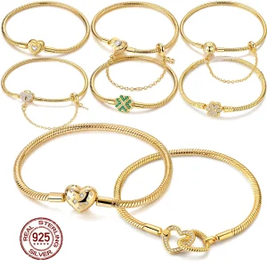 Pulsera Original de Plata de Ley 925 con Dijes, 17-20CM, Corazón Dorado, Llave del Amor, Trébol, Brazalete, Joyería para Mujer, Regalo 1