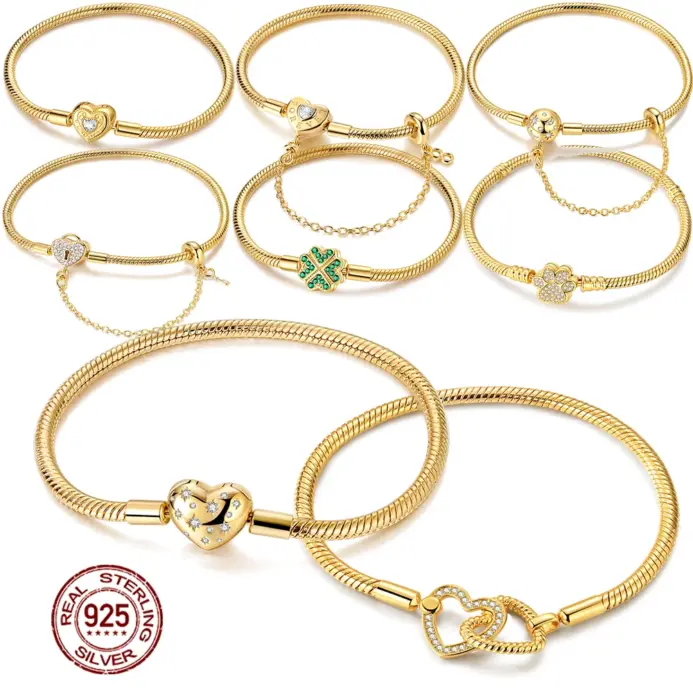 Pulsera Original de Plata de Ley 925 con Dijes, 17-20CM, Corazón Dorado, Llave del Amor, Trébol, Brazalete, Joyería para Mujer, Regalo 1
