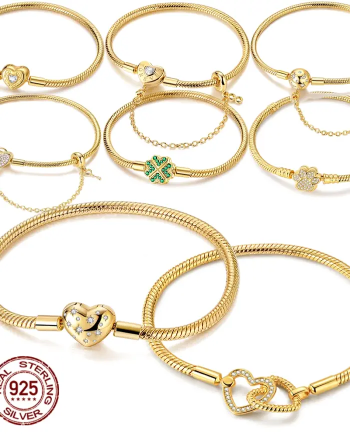 Pulsera Original de Plata de Ley 925 con Dijes, 17-20CM, Corazón Dorado, Llave del Amor, Trébol, Brazalete, Joyería para Mujer, Regalo 1