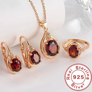 Exquisito conjunto de anillo y pendientes de collar de rubí de Plata de Ley 925 para mujer, joyería para fiesta de compromiso 1