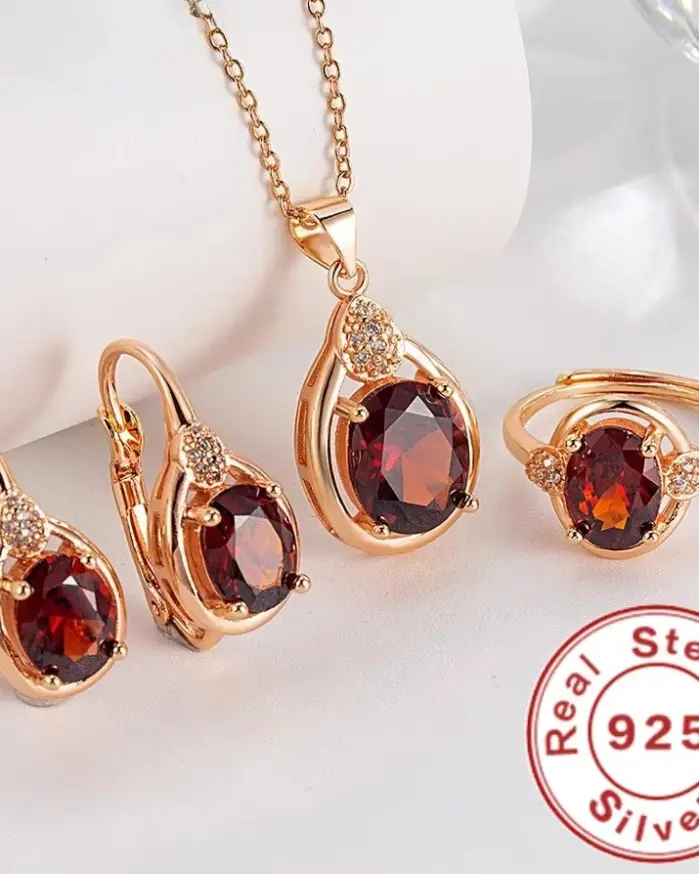 Exquisito conjunto de anillo y pendientes de collar de rubí de Plata de Ley 925 para mujer, joyería para fiesta de compromiso 1