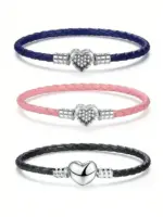 Pulsera de cuerda de cuero negro con cuentas de corazón de amor de Plata de Ley 925, fabricación artesanal, pulseras originales para mujer, regalo de joyería fina 1