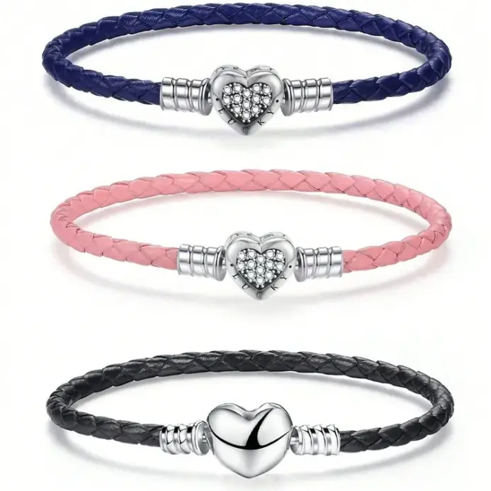Pulsera de cuerda de cuero negro con cuentas de corazón de amor de Plata de Ley 925, fabricación artesanal, pulseras originales para mujer, regalo de joyería fina 1