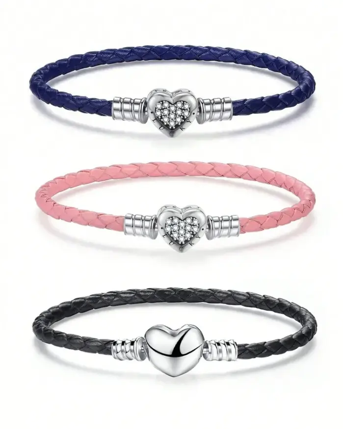 Pulsera de cuerda de cuero negro con cuentas de corazón de amor de Plata de Ley 925, fabricación artesanal, pulseras originales para mujer, regalo de joyería fina 1