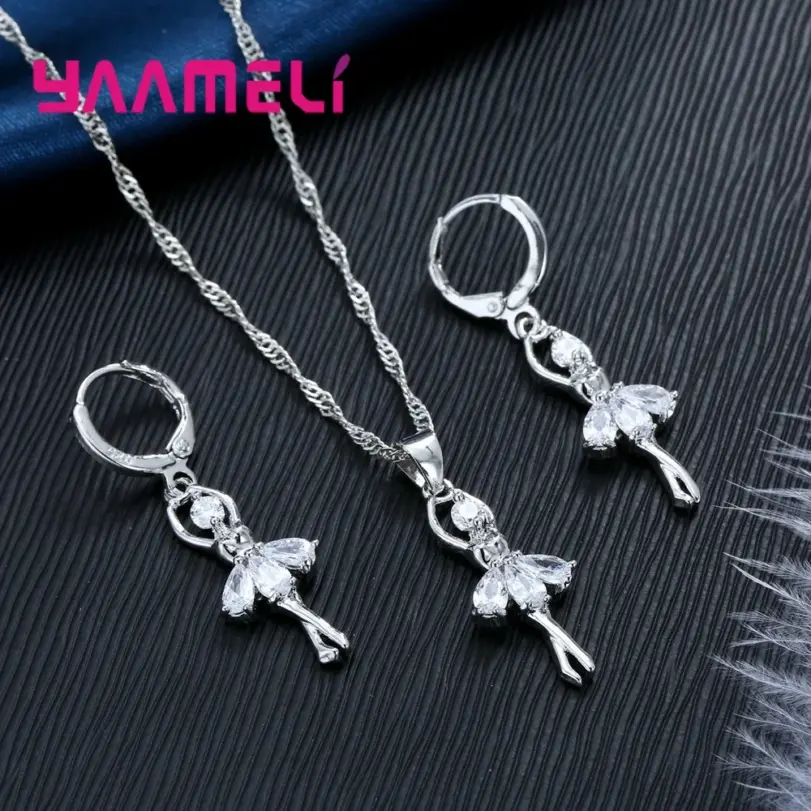 Conjuntos de joyería de alta gama para mujer, figura de Ballet para niñas, collar y pendientes de aro de Color Plata de Ley 925 habituales 5