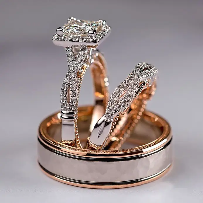 Conjunto de anillos de boda para novia, corte princesa de lujo, circonita cúbica, accesorios elegantes, joyería brillante para boda y hombre 1