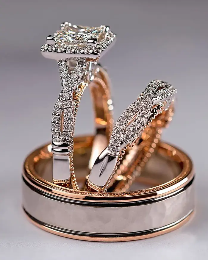 Conjunto de anillos de boda para novia, corte princesa de lujo, circonita cúbica, accesorios elegantes, joyería brillante para boda y hombre 1