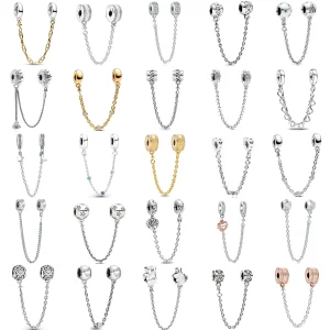 Nuevo 925 plata oro rosa flores brillantes hojas estrellas Luna hebilla de cadena de seguridad apta para pulsera original DIY joyería de mujer 1