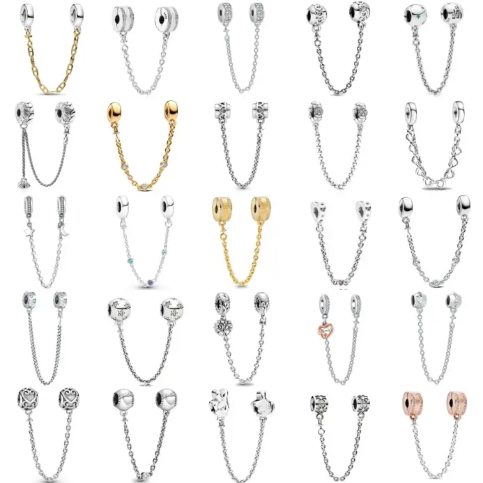 Nuevo 925 plata oro rosa flores brillantes hojas estrellas Luna hebilla de cadena de seguridad apta para pulsera original DIY joyería de mujer 1
