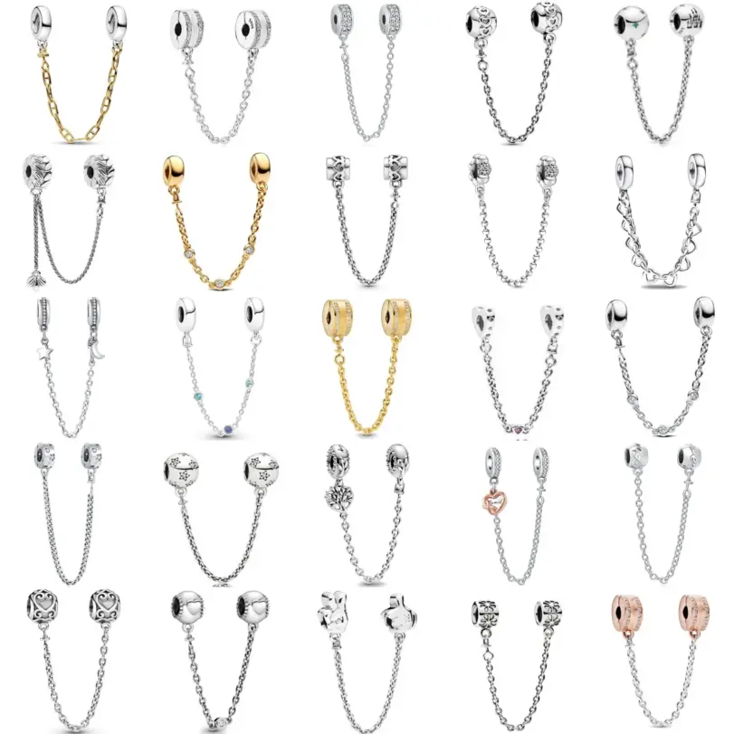 Nuevo 925 plata oro rosa flores brillantes hojas estrellas Luna hebilla de cadena de seguridad apta para pulsera original DIY joyería de mujer 1