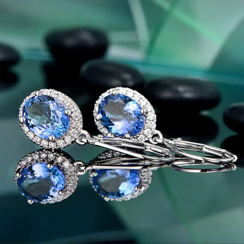 Huitan-pendientes colgantes de lujo para mujer, ovalados, azules, CZ, accesorios nobles para mujer, pendientes elegantes para fiesta, joyería de moda para uso diario 3
