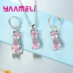 Juegos de joyas para mujer y niña, Plata de Ley 925 auténtica, cristal austriaco brillante, bonito collar con colgante de gato, pendiente Huggie 6