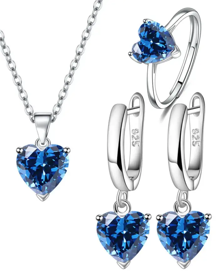 Juegos de joyas para mujer de plata de ley 925, anillo de circón con forma de corazón, pendientes, collar, boda, novia, elegante, Navidad, envío gratis 1