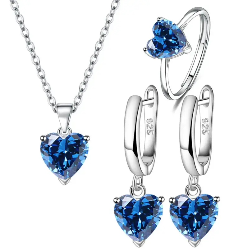 Juegos de joyas para mujer de plata de ley 925, anillo de circón con forma de corazón, pendientes, collar, boda, novia, elegante, Navidad, envío gratis 1