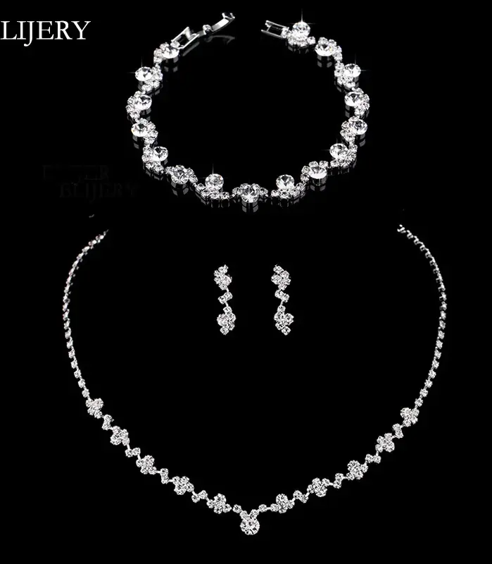 Conjuntos de joyería nupcial de cristal, Gargantilla geométrica de Color plateado, collar, pendientes, pulsera, conjuntos de joyería de boda 1