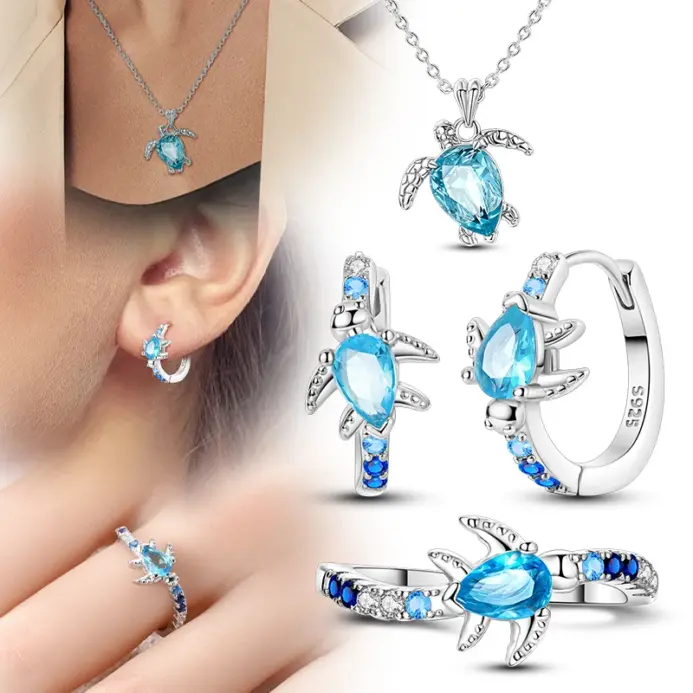 Juego de Joyería Original de Plata de Ley 925, Aretes, Anillos y Collar con Diseño de Tortuga Brillante para Mujer, Regalo de Joyería Fina y Elegante 1