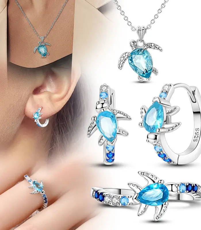 Juego de Joyería Original de Plata de Ley 925, Aretes, Anillos y Collar con Diseño de Tortuga Brillante para Mujer, Regalo de Joyería Fina y Elegante 1