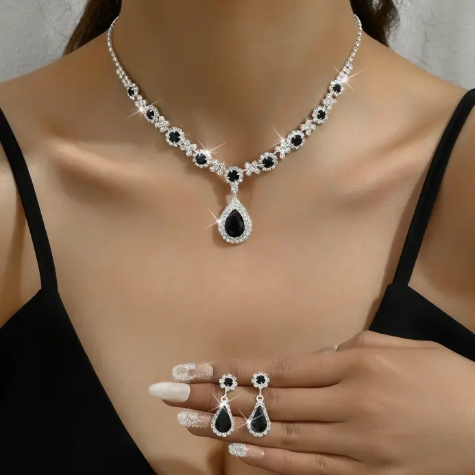 Juego de 3 piezas de collar de gota de cristal para mujer con pendientes para accesorios de vestido de noche de boda 2