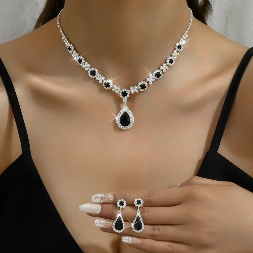 Juego de 3 piezas de collar de gota de cristal para mujer con pendientes para accesorios de vestido de noche de boda 2