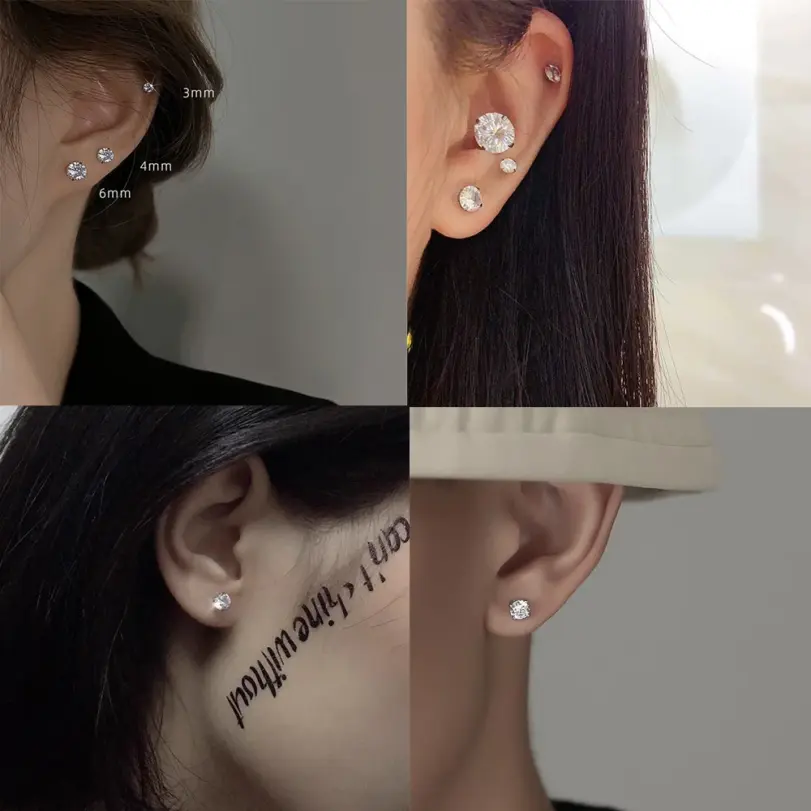1 par/2 uds., pendientes de cristal de acero inoxidable para mujeres y hombres, joyería para las orejas de circonia cúbica transparente redonda de 4 puntas para el trago 4