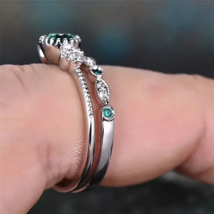 Conjunto de anillos de plata de ley 925 con cristales de circón esmeralda para mujer, regalos de joyería Glamour de boda y compromiso 2