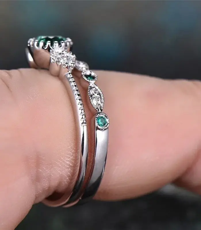 Conjunto de anillos de plata de ley 925 con cristales de circón esmeralda para mujer, regalos de joyería Glamour de boda y compromiso 2