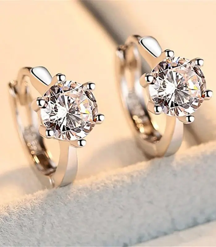 pendientes de aro pequeños y sencillos con incrustaciones clásicas, solitario de 6 puntas, circonita brillante, accesorios elegantes, pendientes de uso diario para mujer 1