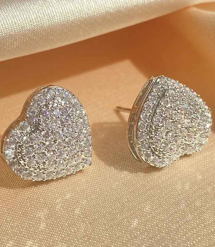 pendientes de circonita con forma de corazón para mujer y niña, aretes de tuerca, Color plateado, Metal, cristal, orejas, accesorios, joyería de boda, regalos 1