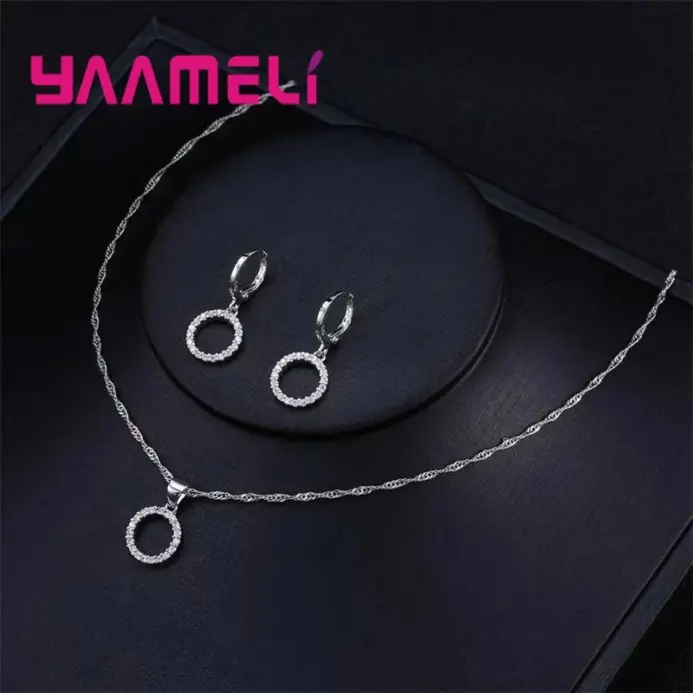 Conjuntos de joyería nupcial estampada de Plata de Ley 925, collares de circonia cúbica con cuentas, pendientes de aro para mujeres y niñas, aniversario de compromiso 2