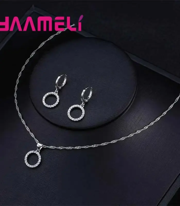 Conjuntos de joyería nupcial estampada de Plata de Ley 925, collares de circonia cúbica con cuentas, pendientes de aro para mujeres y niñas, aniversario de compromiso 2