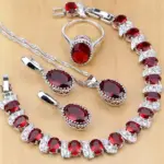 Conjunto de joyas de plata 925 Natural para mujer, pendientes, colgante, collar, anillo, pulseras, piedra natal roja, T055 1