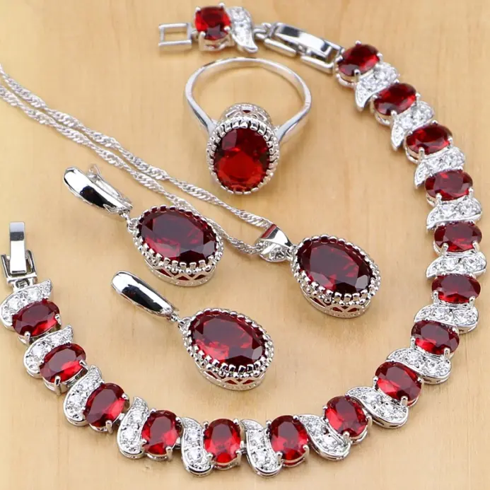 Conjunto de joyas de plata 925 Natural para mujer, pendientes, colgante, collar, anillo, pulseras, piedra natal roja, T055 1