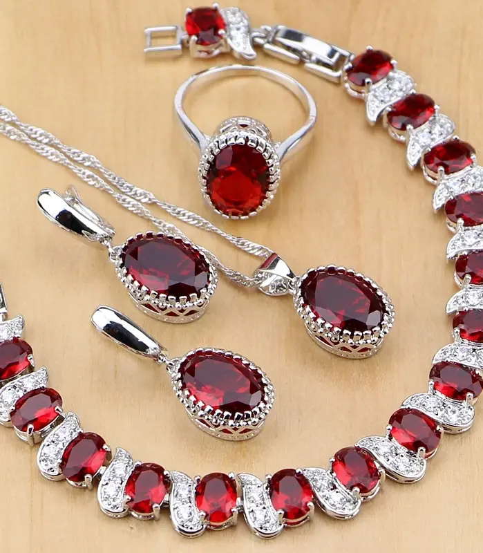 Conjunto de joyas de plata 925 Natural para mujer, pendientes, colgante, collar, anillo, pulseras, piedra natal roja, T055 1