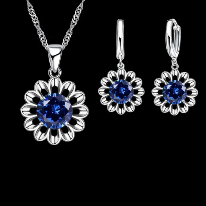 Nuevo conjunto de joyería de boda a la moda para mujer, collar con colgante de cristal de Color Plata de Ley 925 de alta calidad, pendiente de aro, gran promoción 1