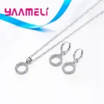 Conjuntos de joyería nupcial estampada de Plata de Ley 925, collares de circonia cúbica con cuentas, pendientes de aro para mujeres y niñas, aniversario de compromiso 4