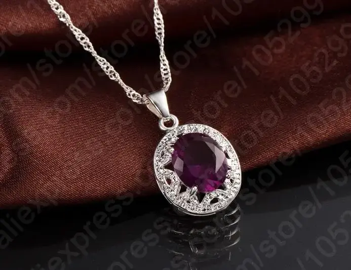 Conjunto elegante de Plata de Ley 925 con colgantes de cristal púrpura, collares, pendientes y anillos para regalo de joyería de compromiso de boda 2