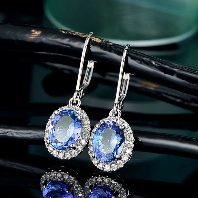 Huitan-pendientes colgantes de lujo para mujer, ovalados, azules, CZ, accesorios nobles para mujer, pendientes elegantes para fiesta, joyería de moda para uso diario 4