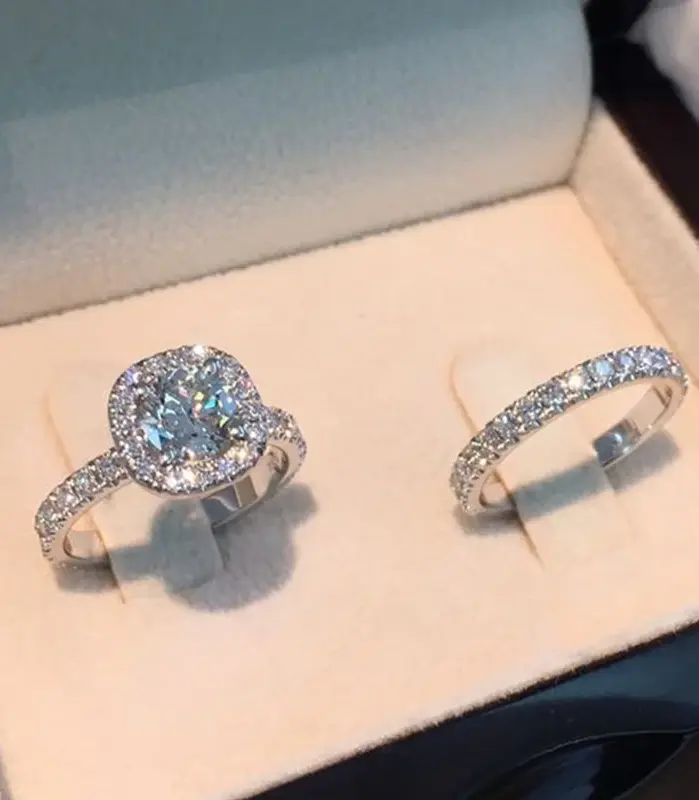 2 unids/set de anillos de piedra de circón AAA de cristal de lujo para mujer, anillos de boda nupciales a la moda para mujer, anillos de amor 1