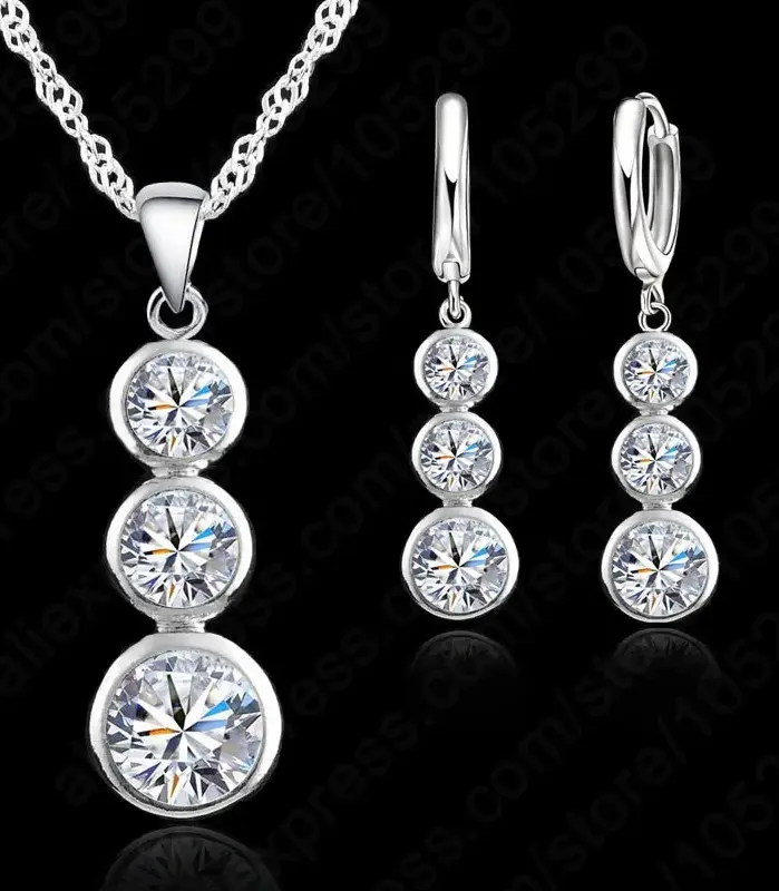 Conjunto de joyería nupcial clásica de Plata de Ley 925 para mujer, colgantes, collares, pendientes, accesorio de compromiso de boda 1
