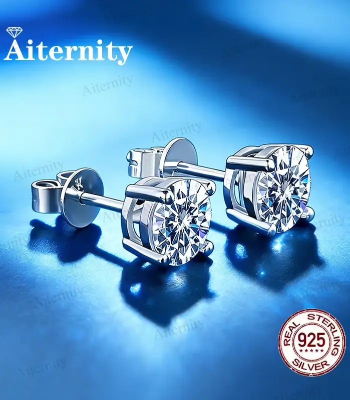 Hermosos pendientes de tuerca de 100% Plata de Ley 925 de moissanita de color D de 0,5-2 quilates para mujer, joyería de boda brillante superior 1
