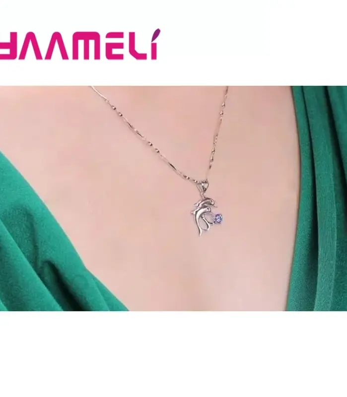 Conjuntos de joyería nupcial de Color plata esterlina 925, collares de cristal con diseño de delfín, pendientes de aro para mujeres y niñas, aniversario de compromiso 2