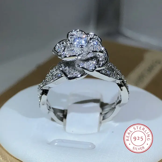 Anillo de Plata de Ley 925 entrelazado, Rosa tridimensional, circonita blanca, Diamante completo, temperamento de mujer, joyería elegante 1