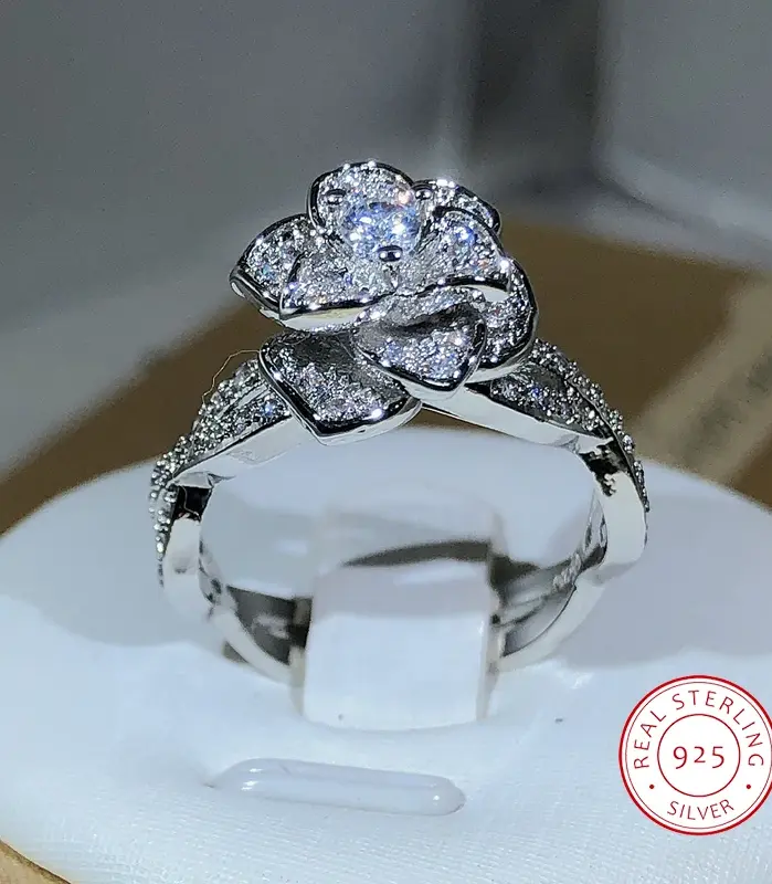 Anillo de Plata de Ley 925 entrelazado, Rosa tridimensional, circonita blanca, Diamante completo, temperamento de mujer, joyería elegante 1