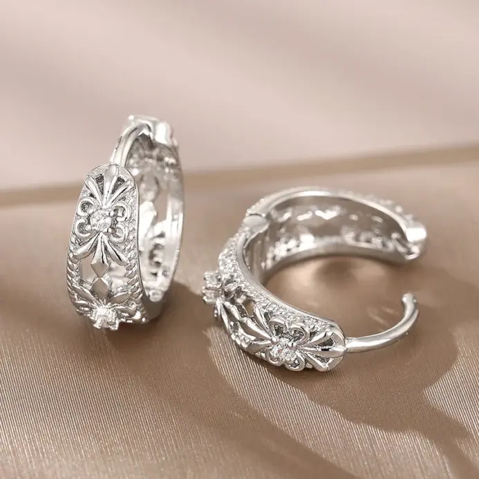 pendientes de aro para mujer, diseño calado, joyería elegante para fiesta de boda, Color plateado/dorado, accesorios CZ con incrustaciones 2