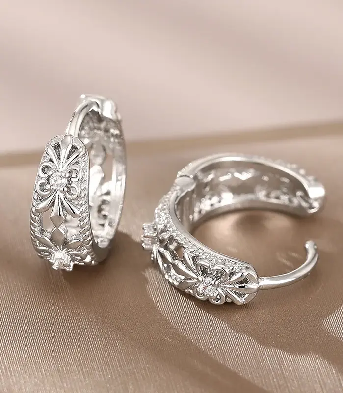 pendientes de aro para mujer, diseño calado, joyería elegante para fiesta de boda, Color plateado/dorado, accesorios CZ con incrustaciones 2