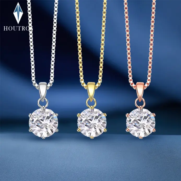 Collar con colgante de moissanita real de 0,5-10 quilates para mujer, collar de diamantes redondos de color D, joyería clásica de plata de ley 925 para novia 1