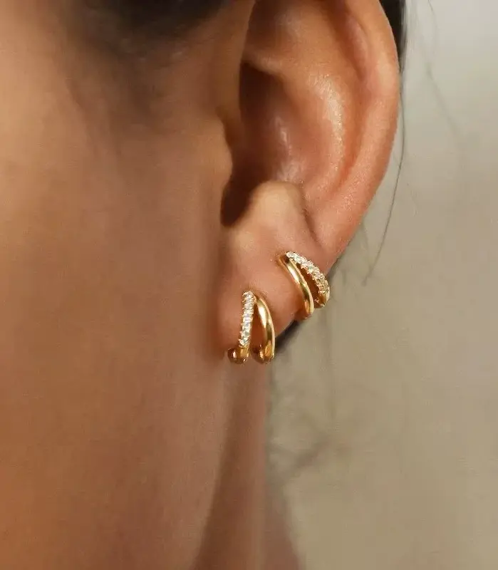 Pendientes de Aro Circulares de Acero Inoxidable Color Dorado para Mujer, Pendientes Simples de Doble Aro con Circonita Cúbica, Joyería para Perforación de Cartílago 2