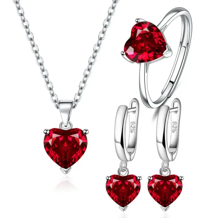 Juegos de joyas para mujer de Plata de Ley 925, anillo de circón con forma de corazón, pendientes, collar, boda, novia, regalos de navidad elegantes 1